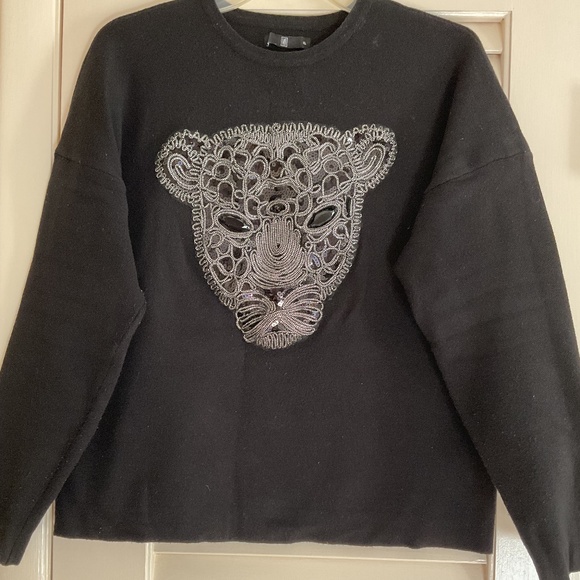 Black Animal Embroidery Front Design Woman Long Sleeve Pullover Size US XL - Picture 3 of 11